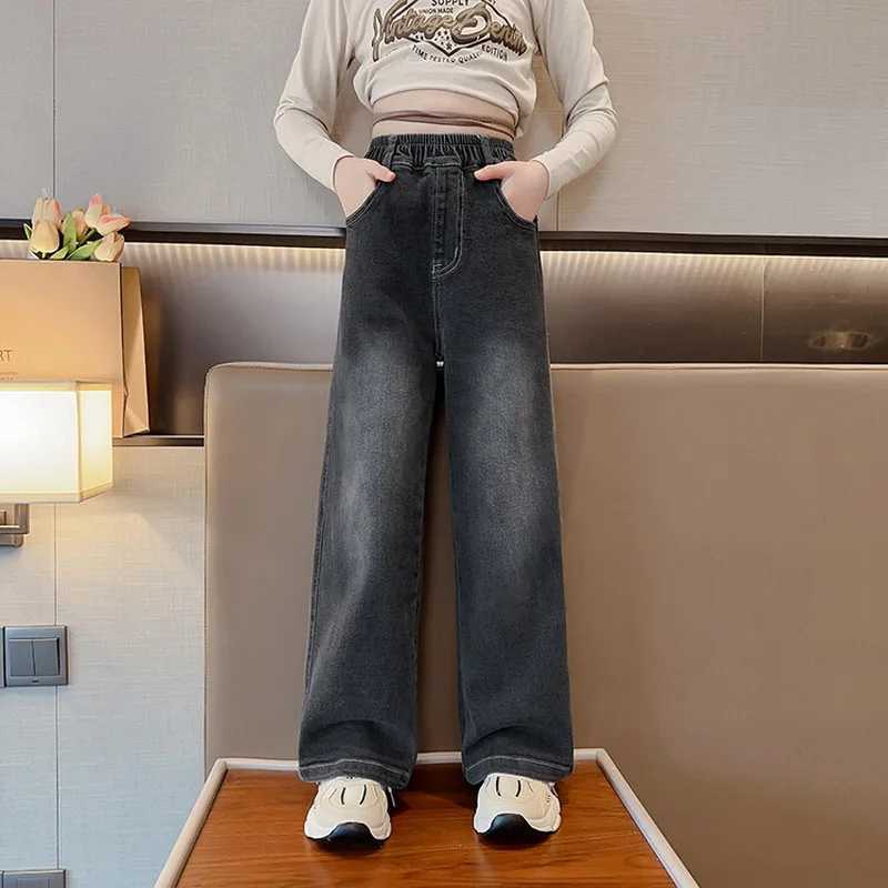 2025 New High Qu Girls Jeans Vintage Denim Wide Leg Pants Kids Clothing Children Casual Solid Trousers For Teenager Clothes Z250220