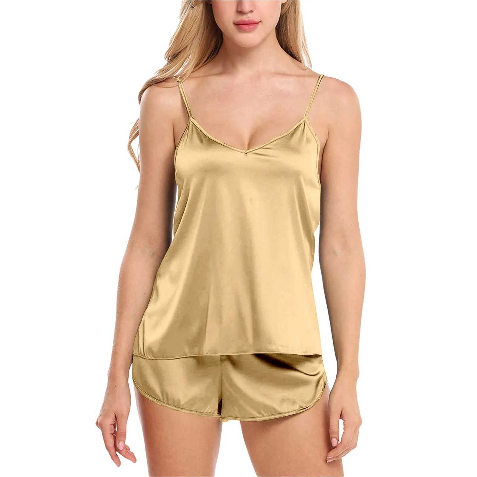 Womens Sexy Solid Color Lingerie Spwear Satin Silk Camisole Shorts Pajamas Set Summer Breathable Soft Lose V-Neck Home WearXJ250220