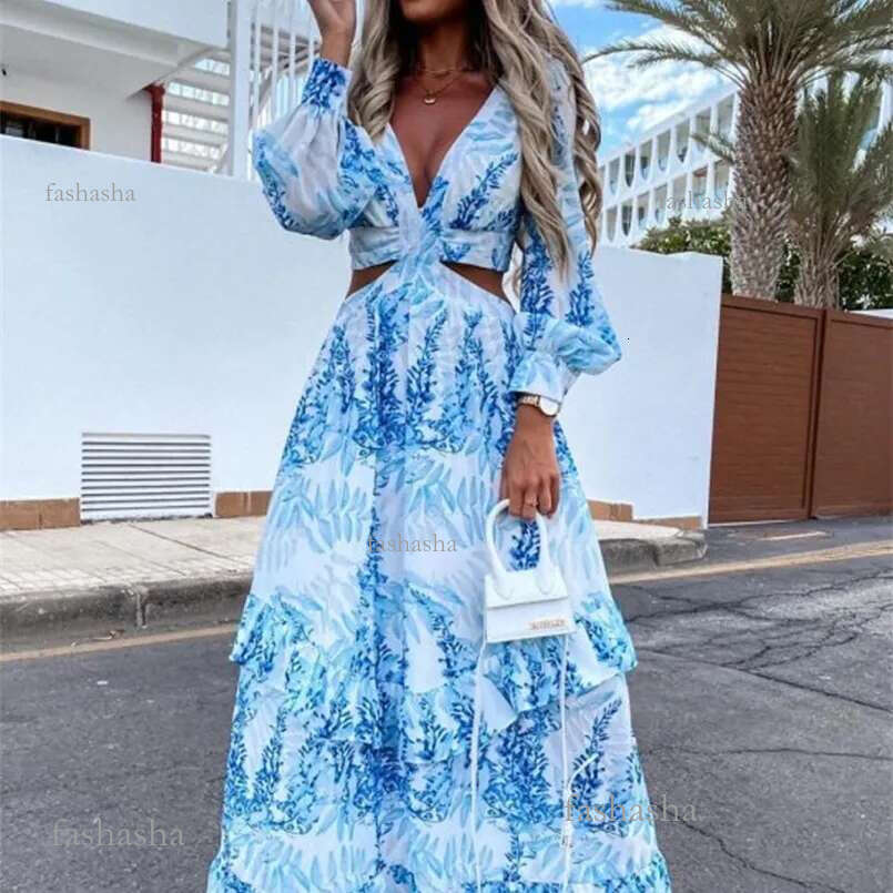 Women Boho Maxi Dress Summer Sexy V-Neck Hollow Out Lantern Sleeve Party Club Dresses Backless Beach Cover Up Female Robe Dress 220627