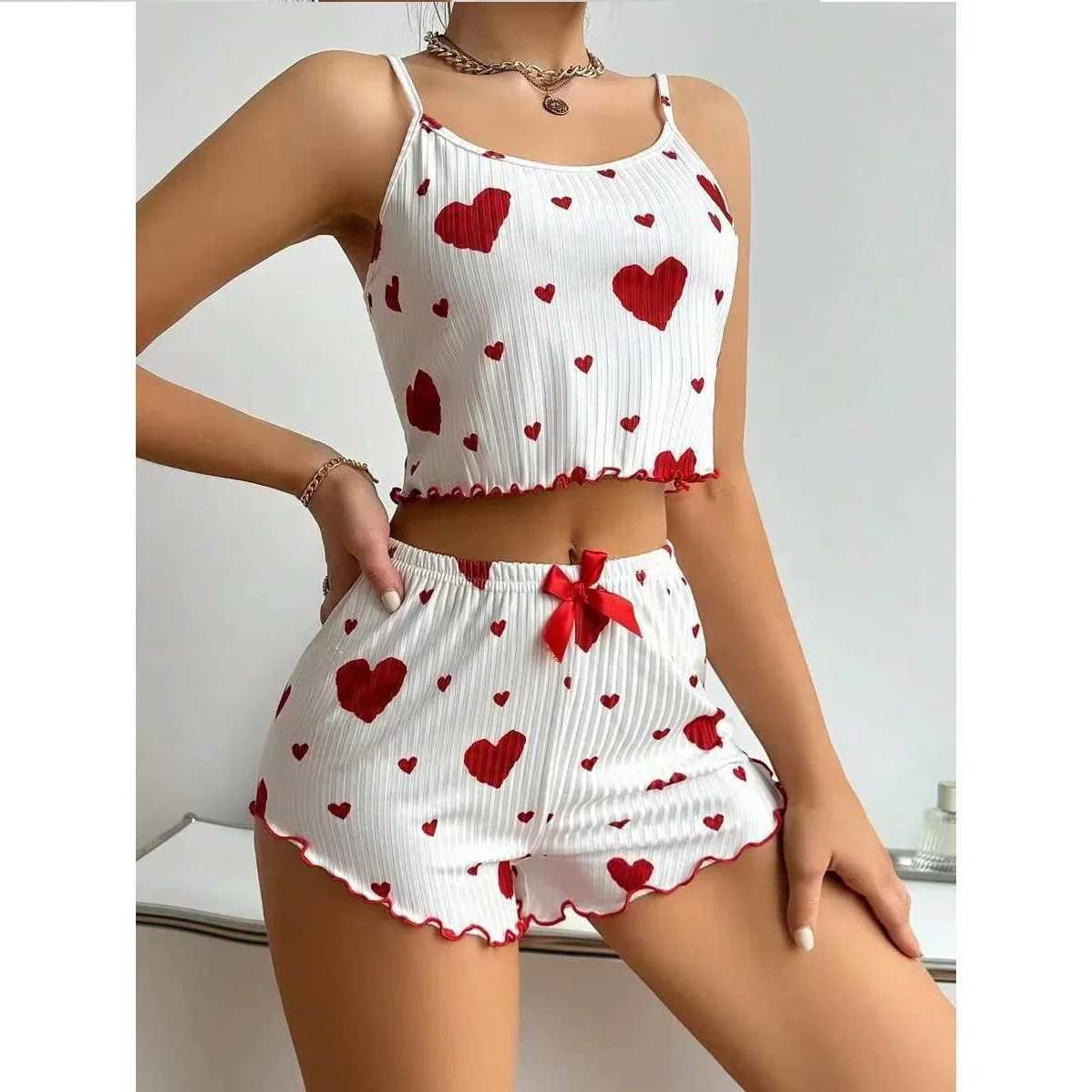 Hot Selling Womens Pajamas Set Spwear 2PCS Short Tank Tops And Shorts White Ventilate Soft Casual Red Love Printing SpwearXJ250220