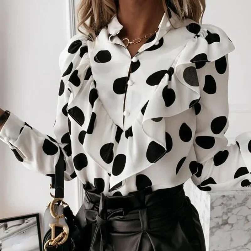2024 Spring Autumn Long Sleeve Ruffled V-Neck Blouse Women Office Lady Chiffon Loose Polka Dot Shirt Elegant Clothing