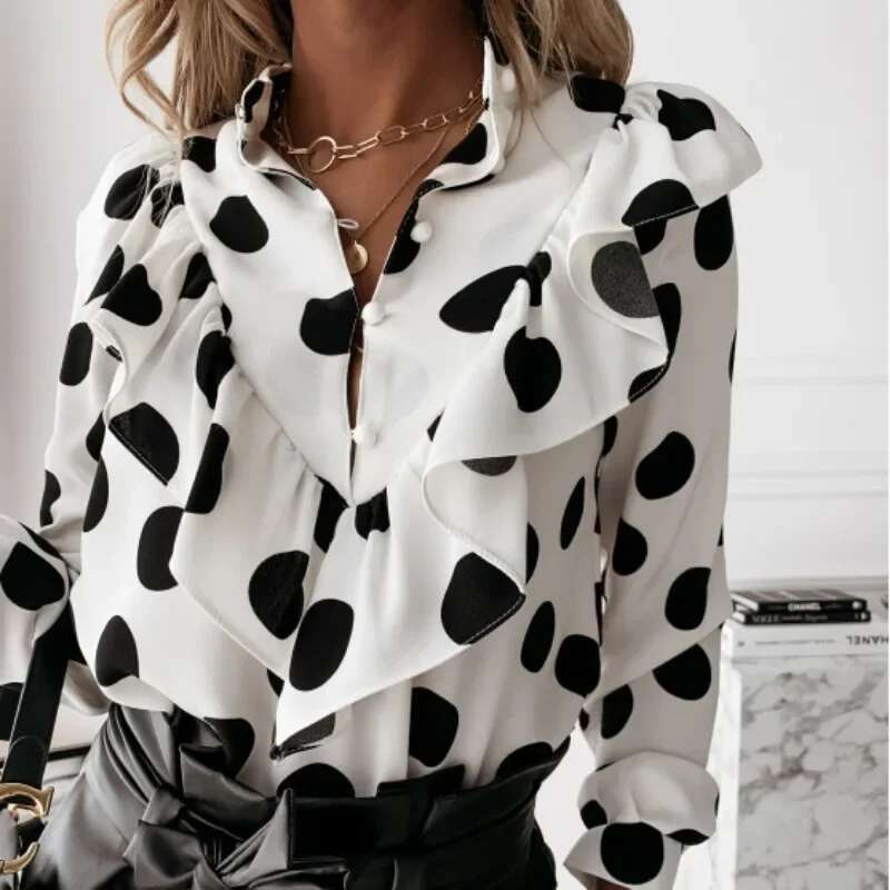 2024 Spring Autumn Long Sleeve Ruffled V-Neck Blouse Women Office Lady Chiffon Loose Polka Dot Shirt Elegant Clothing