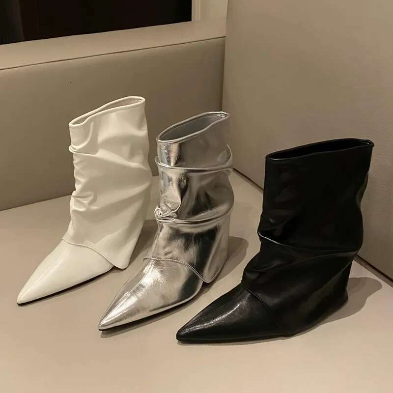 Eilyken 2025 Autumn Winter Pleated Pointed Toe Women Ankle Boot Wedges High Heels Banquet Prom Street Style Female Shoes