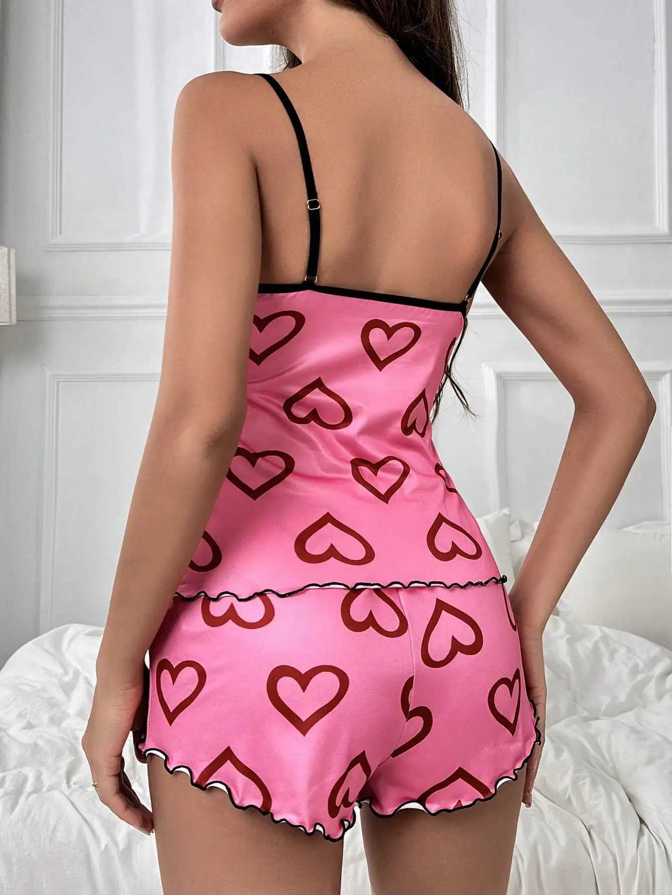 Womens Summer Spwear Pink Loungewear Love Print Pajama Set Crew Neck Cami Top Lettuce Trim Shorts Lovely NightwearXJ250220