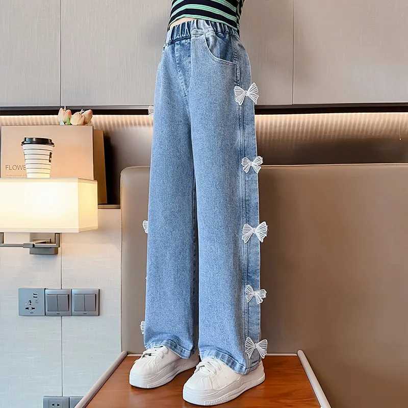 Jeans for Girls Fashion Clothes for Teenagers Solid Loose Kids Wide Leg Pants with Butterfly Children Trousers Girl Clothing 14Y Z250220
