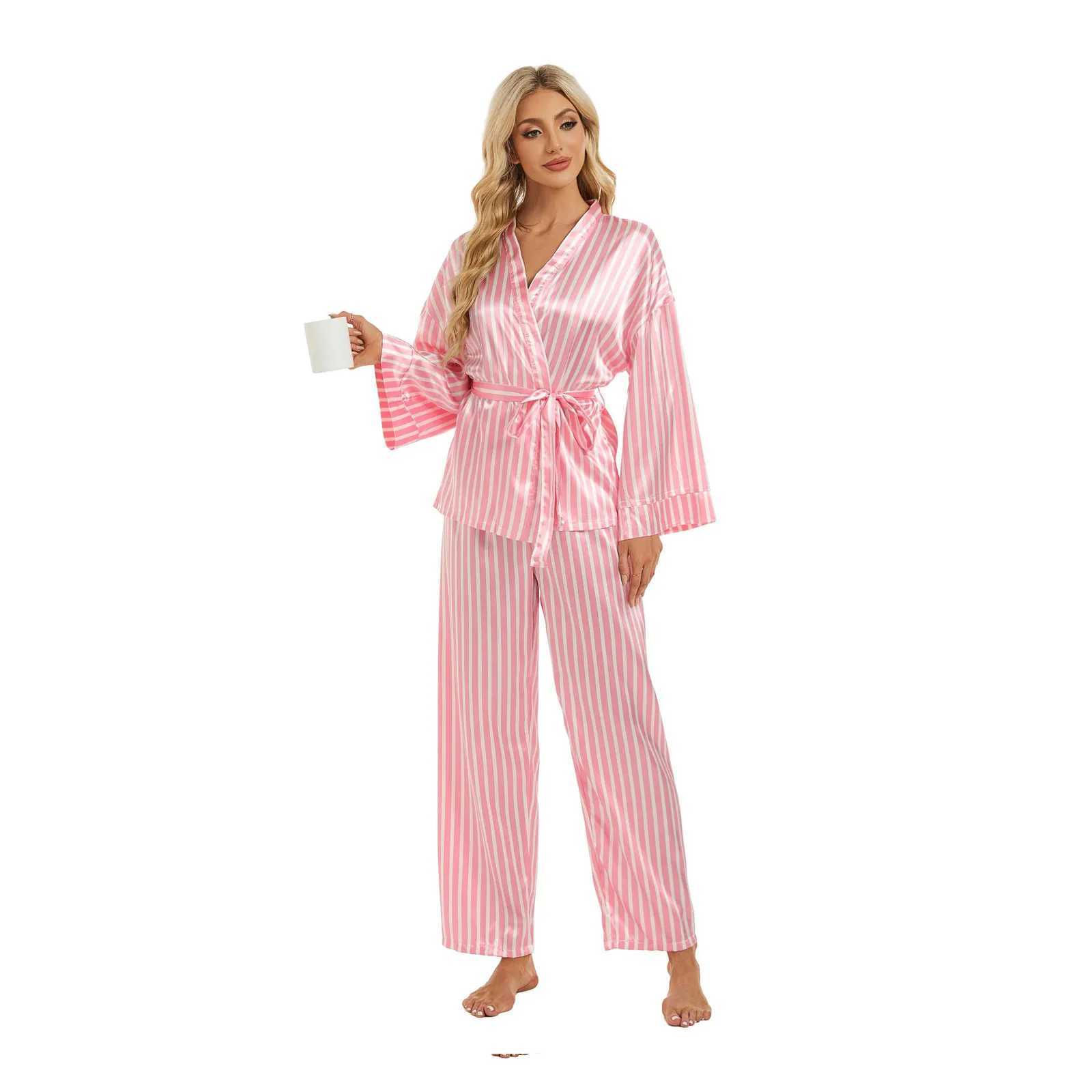 Spring Autumn Women Cozy Silk Satin Pajamas Suit Cross V Neck Long Sve Shirts Tops With Belt+Pants Set Spwear 2 Piece SetXJ250220
