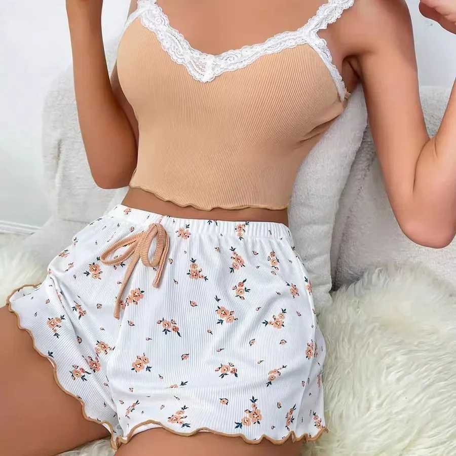 Women 2psc Pajama Set Pink Lace Patchwork V-Neck Spwear Sexy Nighties Suit Cami Top Printed Shorts Soft Pyjamas LoungewearXJ250220