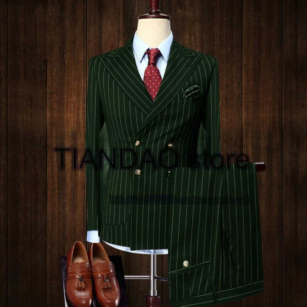 Mens Striped Suit 2 Piece Double Breasted Jacket Set Formal Business Blazer Pants Office Workwear Slim Fit Design X250220