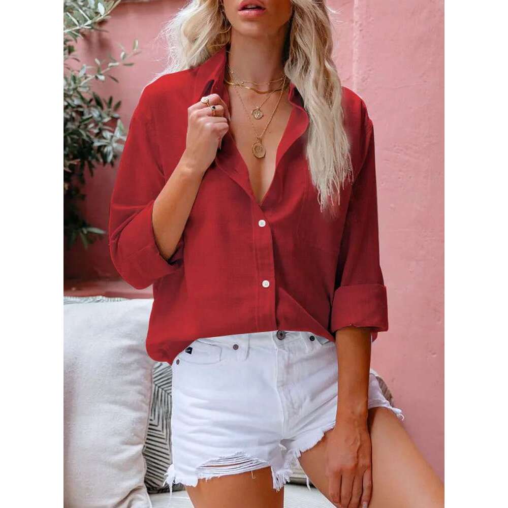Women Casual Lapel Cotton En Loose Shirt Vintage Haruku Solid Blouse Elegant Long Sleeve Button Up Tops Office Lady Tunics
