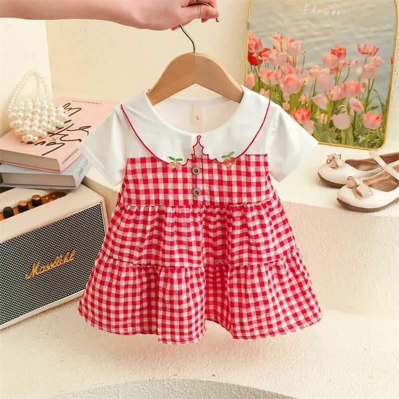 Summer New Small Fresh Plaid Baby Girl Dress Sweet And Cute Cherry Collar Childrens Short Sleeved Clothes (6-24 Months) X250220