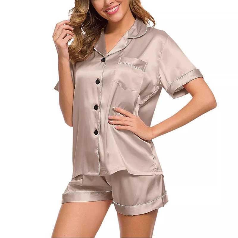 Women Silk Pajamas Set Button down Tops and Trousers Two-Piece Suit Spwear Loungewear Solid Pajama Ladies Nightwear HomewearXJ250220