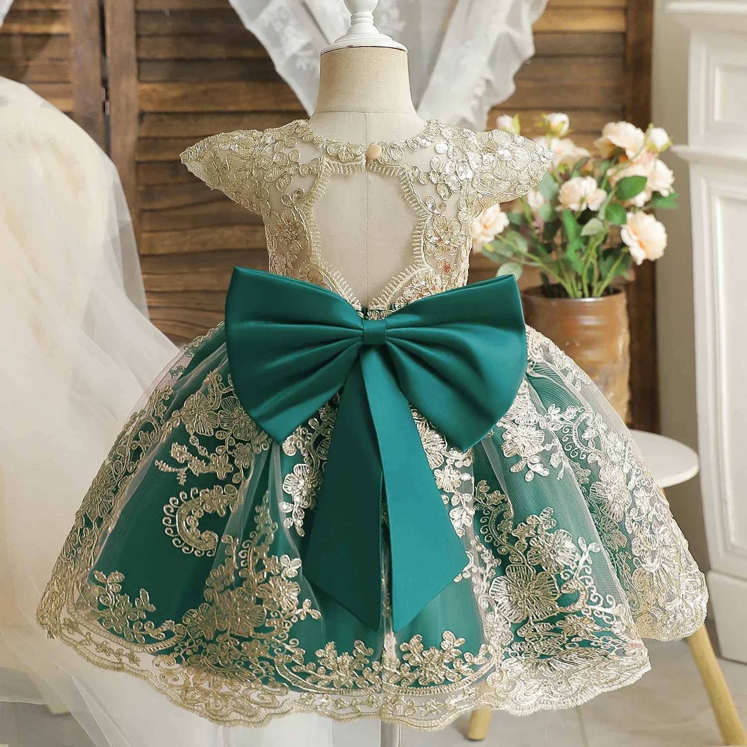 Toddler Baby Girls Lace Dress Elegant Embroidery Flower Princess Dresses for 1-5 Years Newborn Infant Green Christmas Costumes X250220