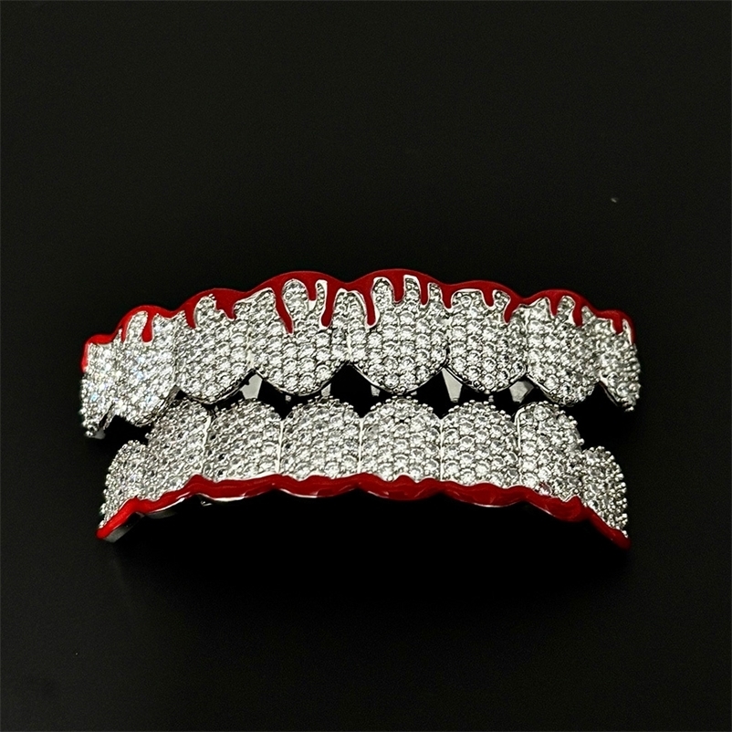 RACHELZ 8/8 Red Flame Iced Out CZ Stone Teeth Braces Hip Hop Cubic Zircon Tooth Caps For Women Men Jewelry Gift 250220