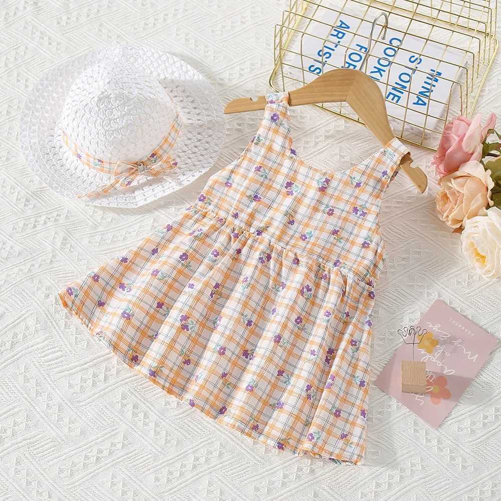 (0-3 Years Old) Summer Baby Girl Cotton Plaid Flower Suspender Dress Cute Bow Beach Dress With Hat X250220