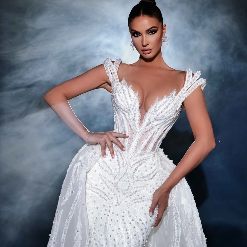 Exquisite Mermaid Wedding Dress Sweetheart Neck Sleeveless Bridal Gowns Sequins Pearls Detachable Train Dresses Custom Made vestidos de novia