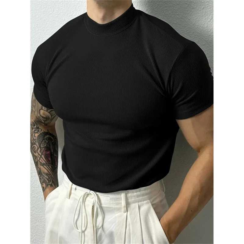 Spring Summer Elastic Mens T-shirt Small High Collar Striped Short Sleeve Fitness Top Casual Sports T-shirt Mens Sports Shirt W250220