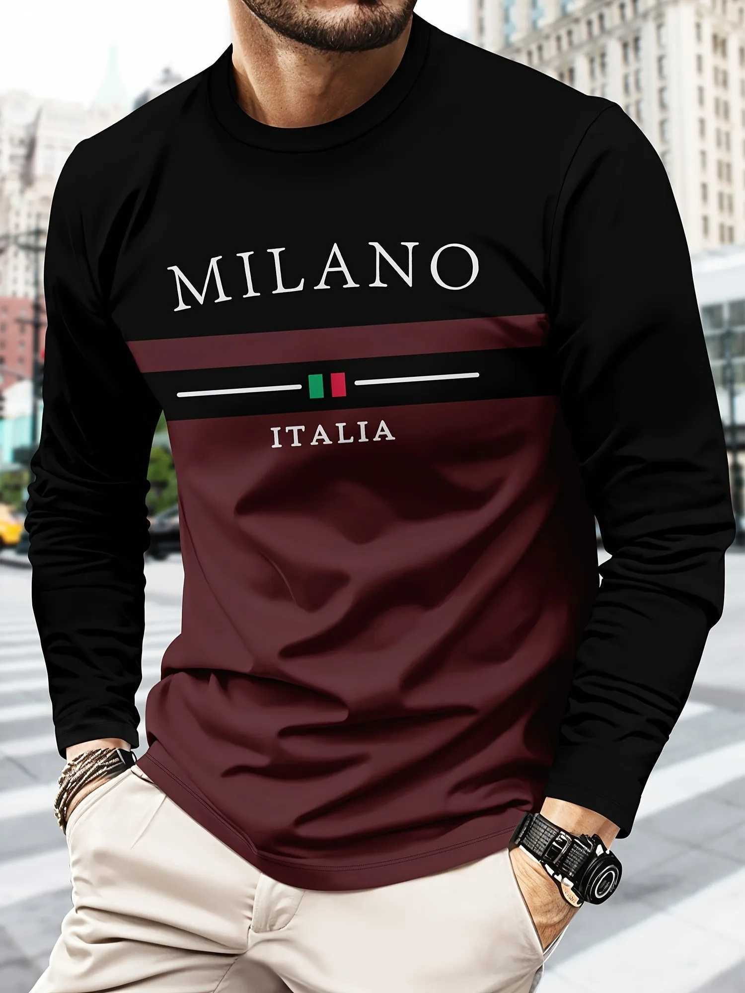 Milan Letter Print Mens Casual Fashion Long Sleeve T-Shirt Perfect for Spring and Fall Daily Outdoor Fashion Wear W250220