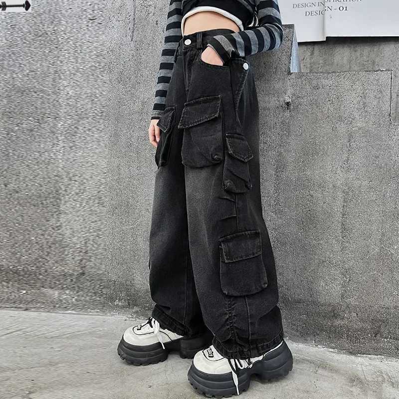 Girls Cargo Pants Autumn New Fashion Loose Teens Kids Wide Leg Jeans Casual All-match Big Pockets Design 10 12 14 Years Tousers Z250220