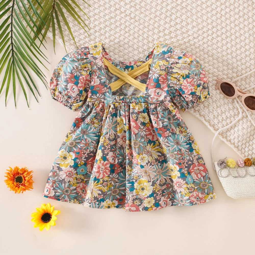 Summer dress for baby girls with floral bubble sleeves and cross ribbed princess dress X250220