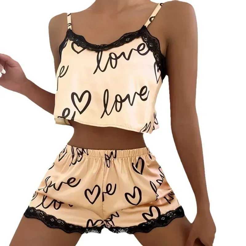 Womens Spwear Pajama Sets Sexy Lingerie Lace Love Printed Crop Tops and Shorts Pijamas Set LoungewearXJ250220