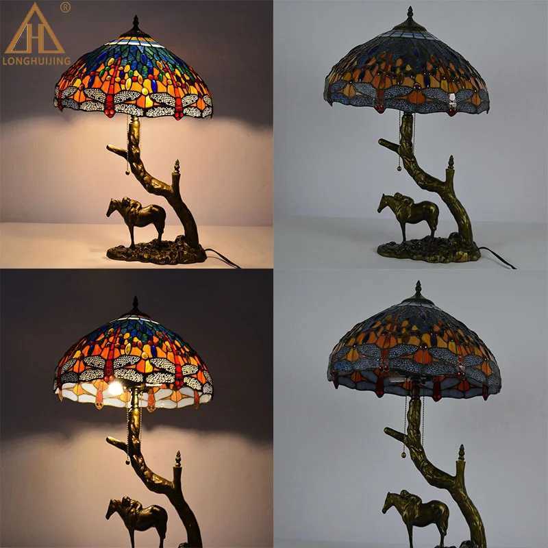 Nordic Round Stained Glass With Dragonfly Pattern Shade With Resin Tree Horse Kid Decor Shelf Bedside Eye Protection Table Lamp Z250220