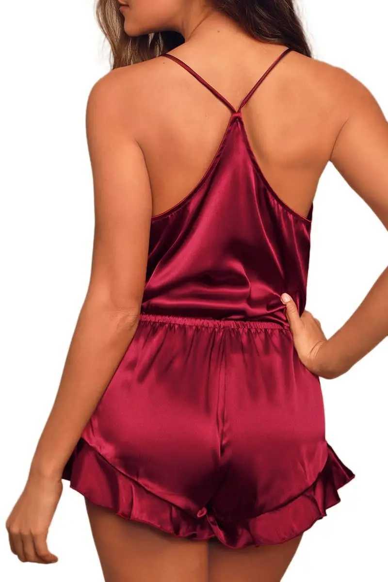 Sexy Silk Satin Pajama Set for Women V-Neck Cami Top and Ruffled Shorts Bridal Lingerie Perfect for NightwearXJ250220