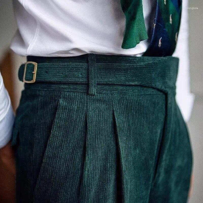 Mens Pants Italian Style Corduroy Naples Suit Men High-waisted Adjustable Belt Straight Trousers Autumn England Business Casual Pant