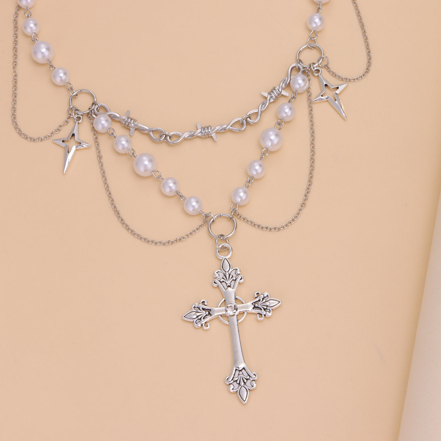 Pearl tassel cross hundred fashion necklace Europe and the United States niche design spicy girl party jewelry