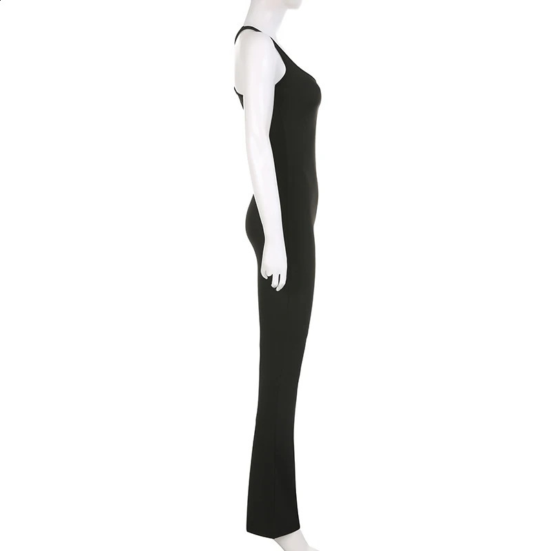 SUCHCUTE Women Sexy Jumpsuits Hollow Out Backless Sleeveless Solid Rompers Casual Bodycon Streetwear Sporty Overall Black Summer 250220