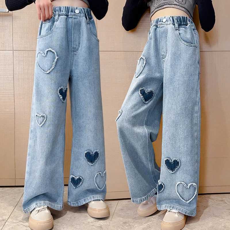 Big girls school wide leg pants heart-shaped design casual and loose 2025 New Year fashion long jeans childrens Korean Sle Trouser Z250220