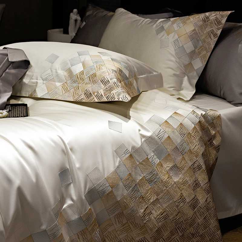 4Pcs Satin Brocade Egyptian Cotton Luxury Embroidery Bedding Set Pearl White/Grey Duvet Cover Bed Sheet/Fitted Sheet PillowcasesXJ250220