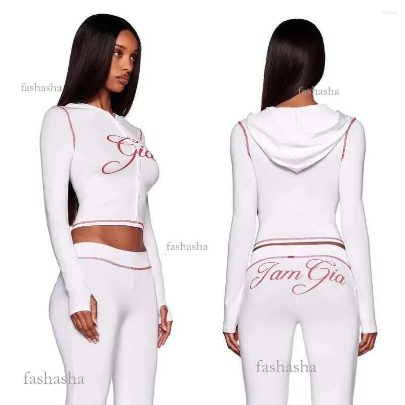 Womens Two Piece Pants IAMGIA Set Letter Elastic Thin Print Slim Fit Hoodie Short Jacket Top Long Training Fitness Suit