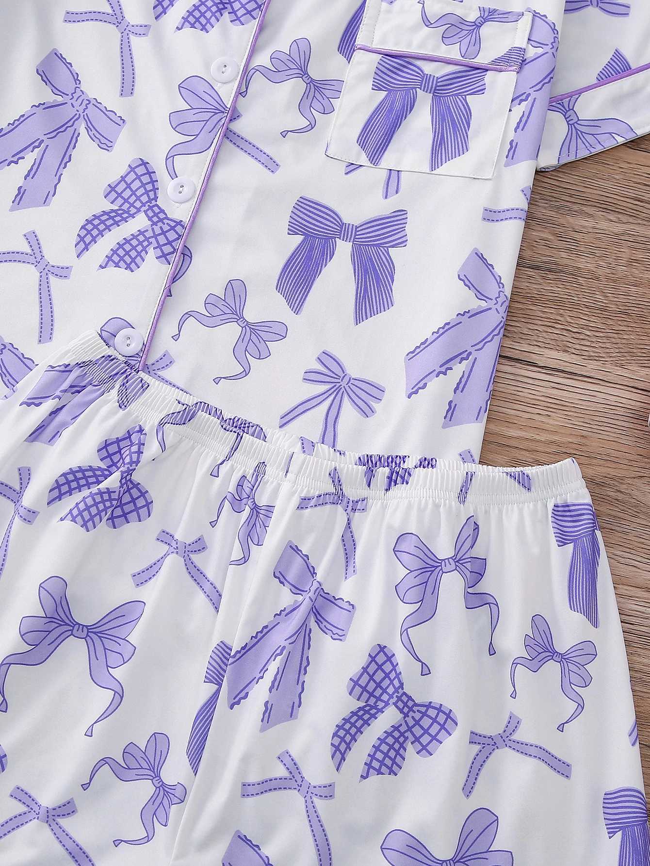 Bow print can be worn on womens spwear lapel button short sves and loose elastic shorts womens home wearXJ250220