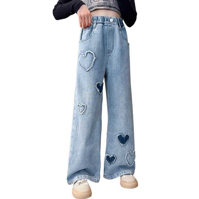 Big girls school wide leg pants heart-shaped design casual and loose 2025 New Year fashion long jeans childrens Korean Sle Trouser Z250220