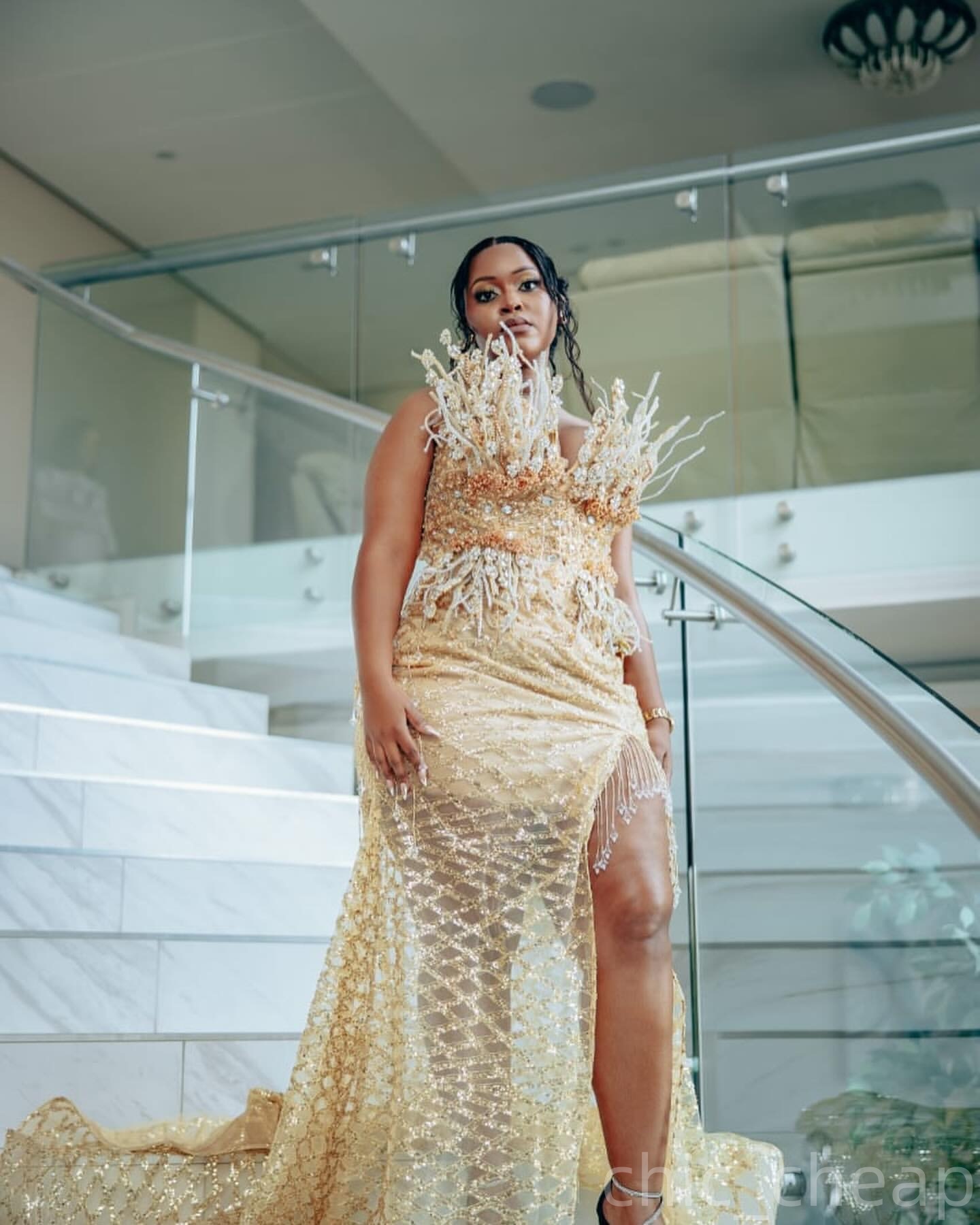 Gold Mermaid Prom Dresses 2025 Floral Crystals Beaded Sequined Evening Formal Party Second Birthday Engagement Gowns Plus Size Dress For Special Occas