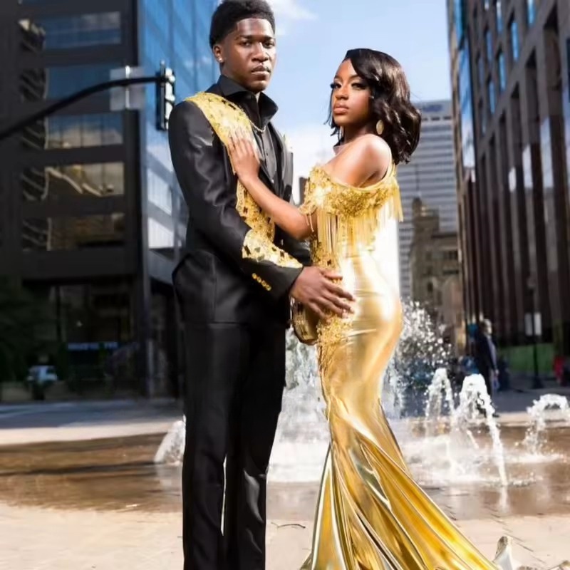 2025Glitter Golden Long Mermaid Prom Dresses Sparkly Crystal Sequins Ruffles Tiered Evening Gown Birthday Robe Customized