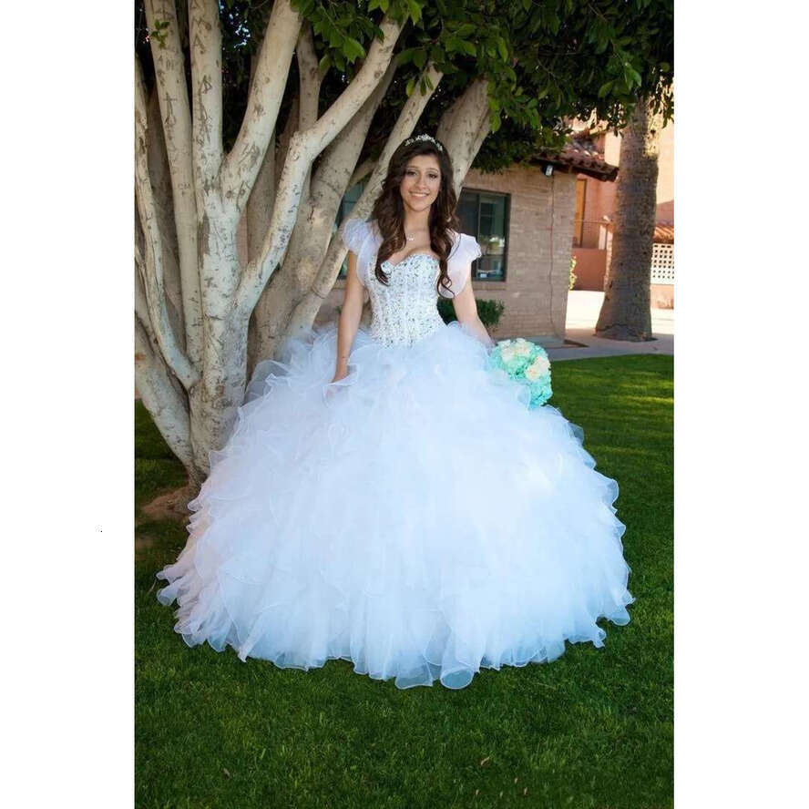 Princess White Ball Gown Quinceanera Sweetheart Beaded Crystals Tiered Ruffles Skirt Long Sweet Prom Dresses With Jacket