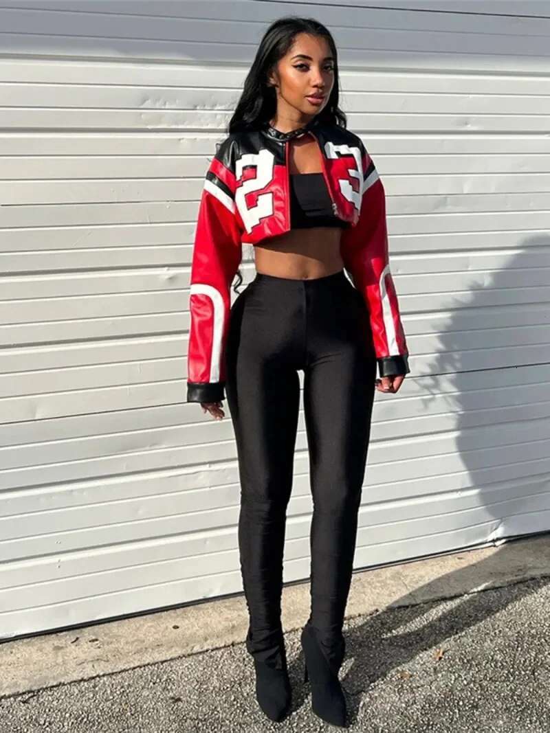 New Fashion Patchwork PU Leather Jacket Women Spring Autumn Number Printed Short Coat Y2k Streetwear Moto&Biker Cropped Tops Red