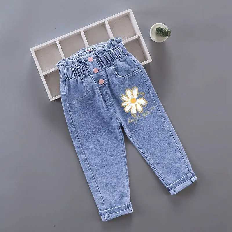 Kids Girl Jeans Floral Long Pants Spring Autumn Graffiti Painting Print Casual Trousers with Hole Children Denim Pants Z250220