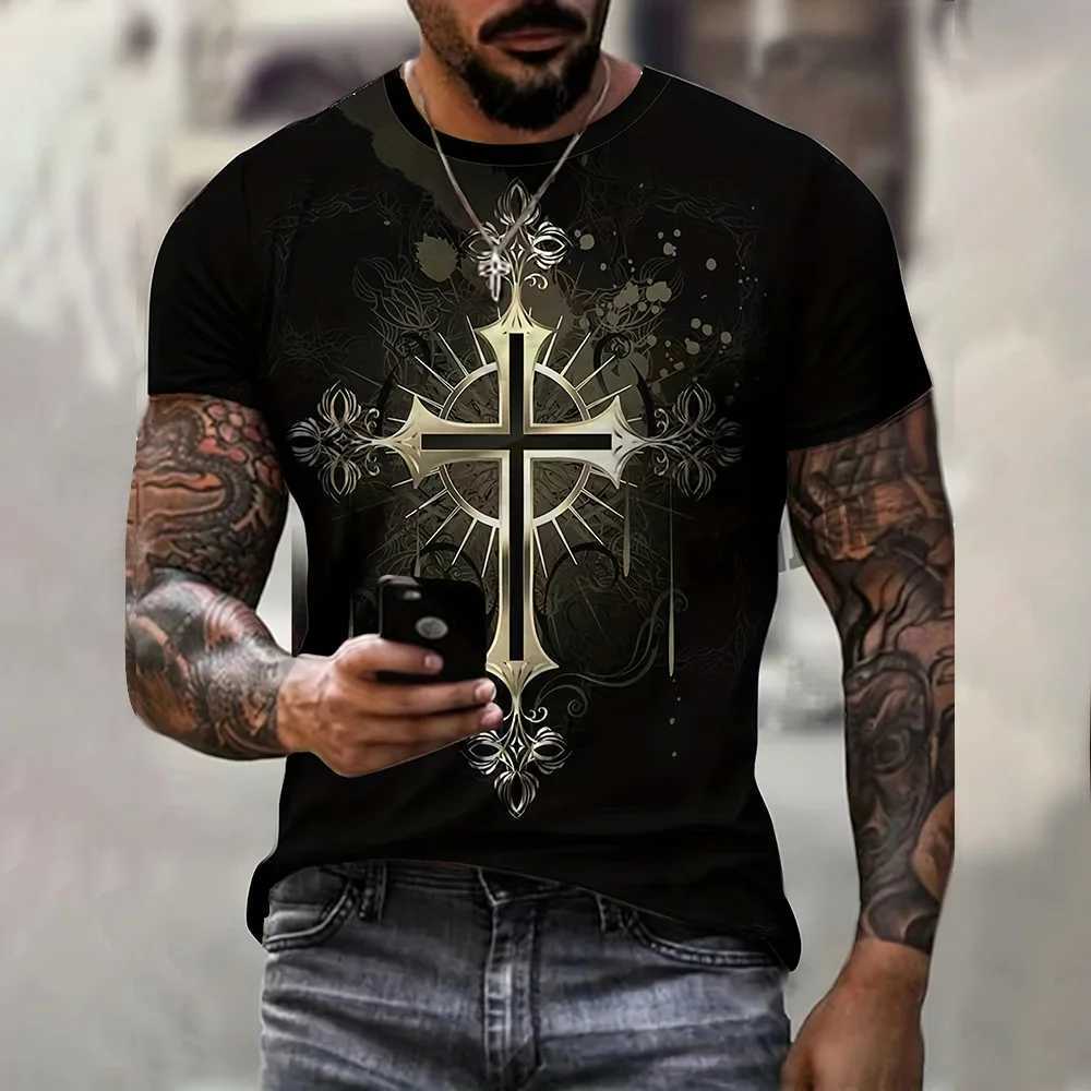 Camisetas de cuello redondo con estampado de Cruz de diseo de modaropa de hombre HipstermodaHip Ho W250220