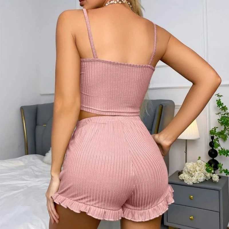 Womens Solid Pajamas Set Summer Sveless Top Shorts Spwear 2 Piece Set For Women Sexy Homewear Suspender Lace Slim SuitXJ250220