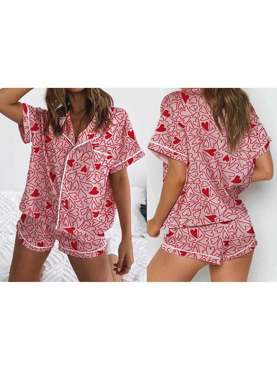 Women s Valentine s Day Silk Pajamas Set with Lace Trim Short Sve Heart Floral Print Shirt and Shorts Spwear SetXJ250220