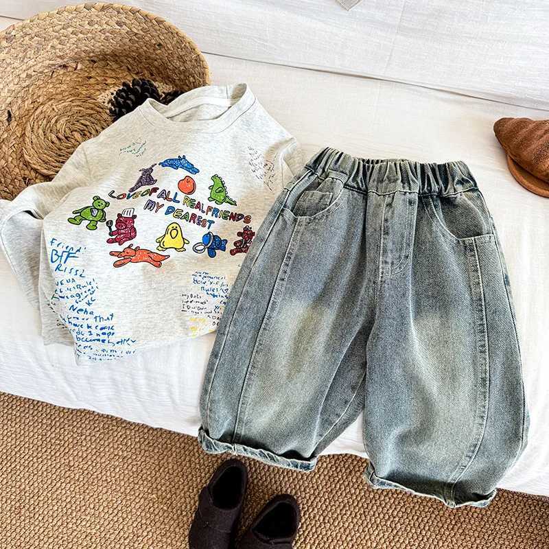 2024 Autumn Girls 2-8 Years Loose Wide Leg Jeans Pants Kids Casual Denim Trousers Z250220