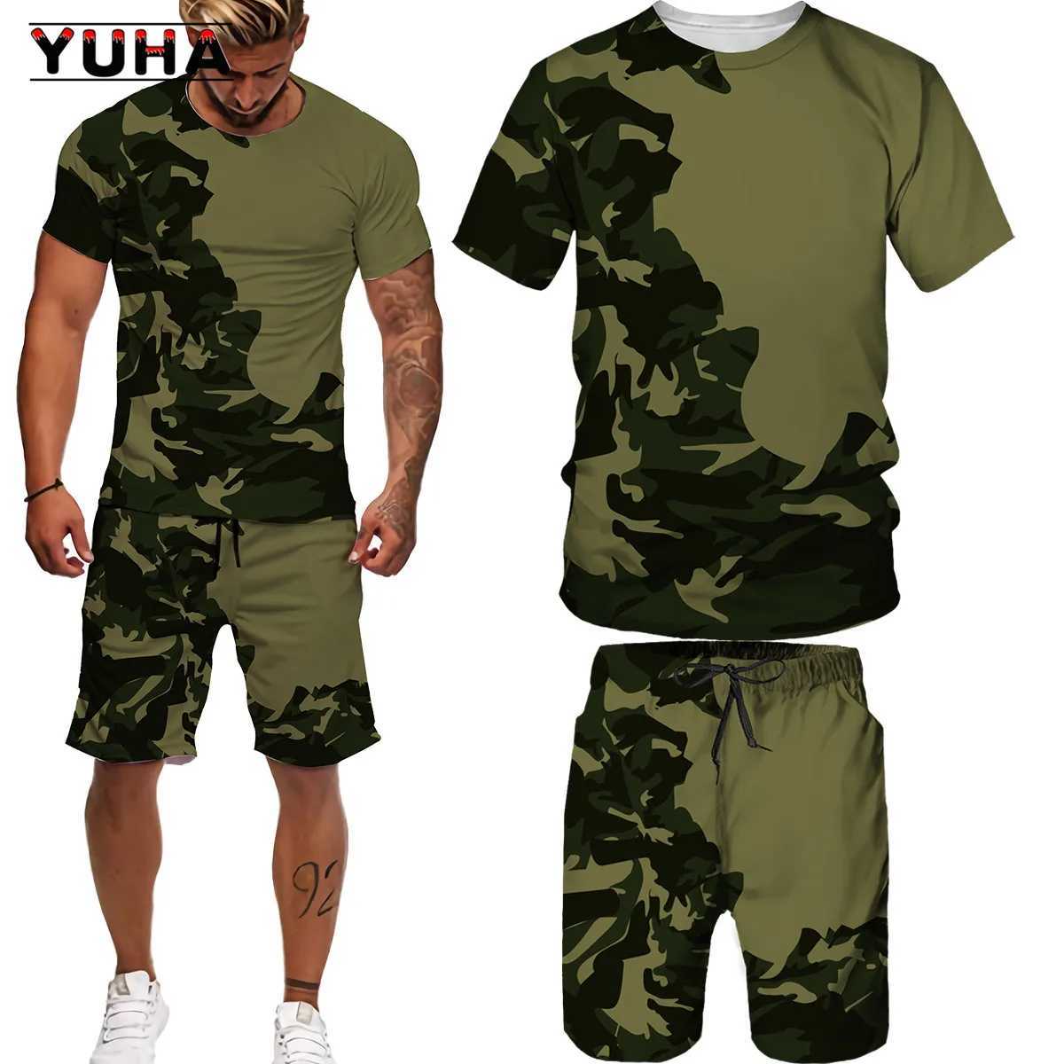 YUHA 2022 Summer Camouflage Tees/Shorts/Suits Mens T Shirt Shorts Tracksuit Sport Style Outdoor Camping Hunting Casual Mens Clo W250221