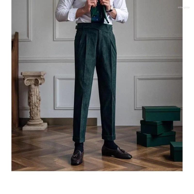 Mens Pants Italian Style Corduroy Naples Suit Men High-waisted Adjustable Belt Straight Trousers Autumn England Business Casual Pant