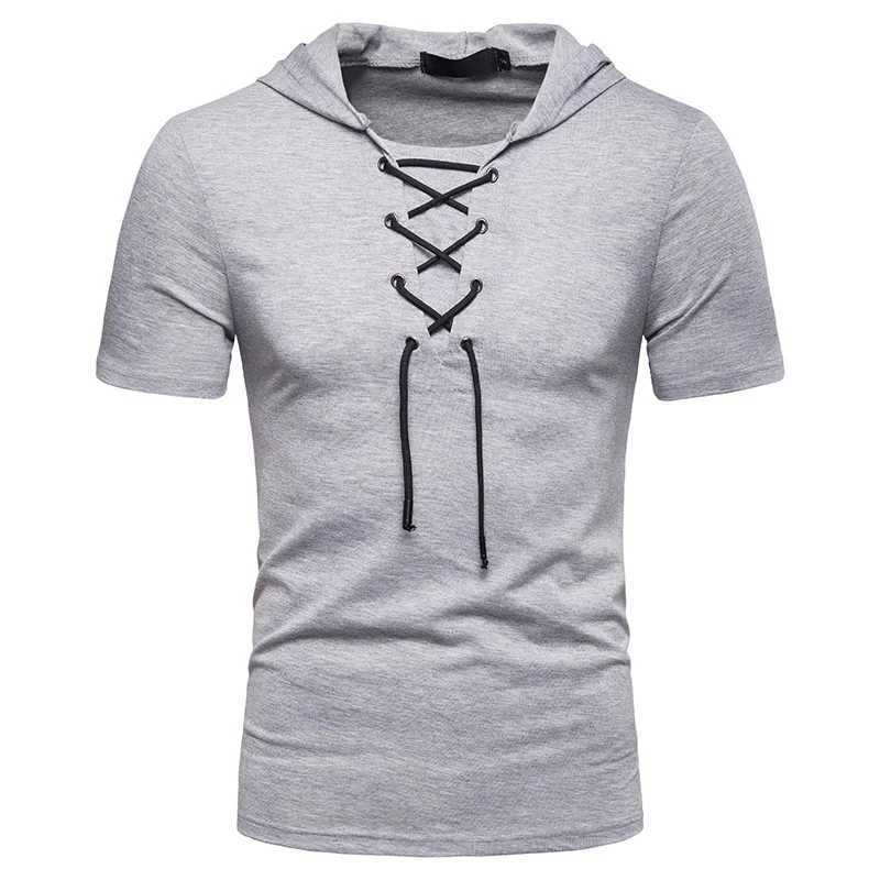 New European And American Mens Hooded Loose Tie Up Hip-hop Casual Short Sleeved T-shirt W250220