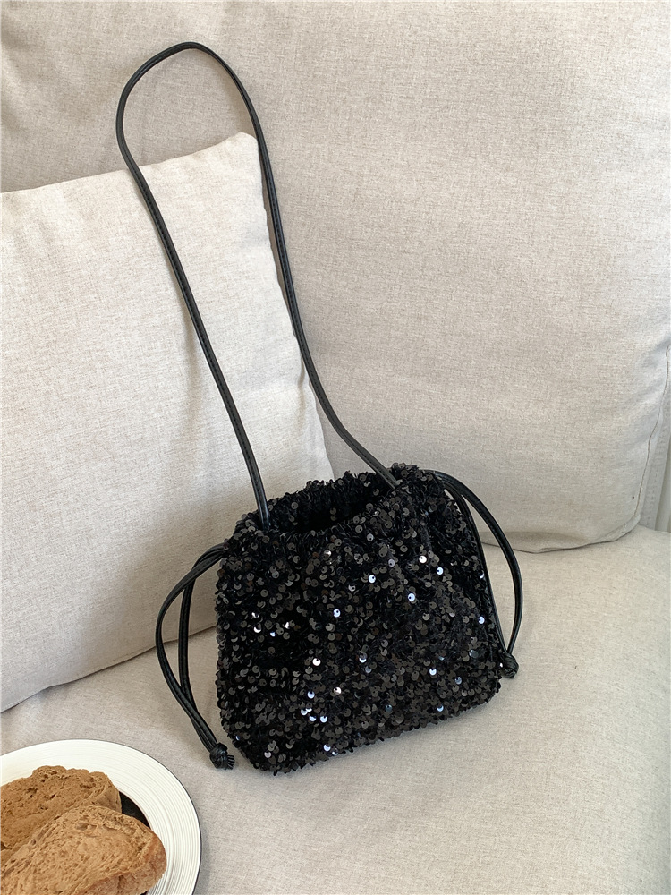 Women's Sequined Crossbody Bucket Bag with Drawstring Pleats - Soft Portable Shoulder Accessory