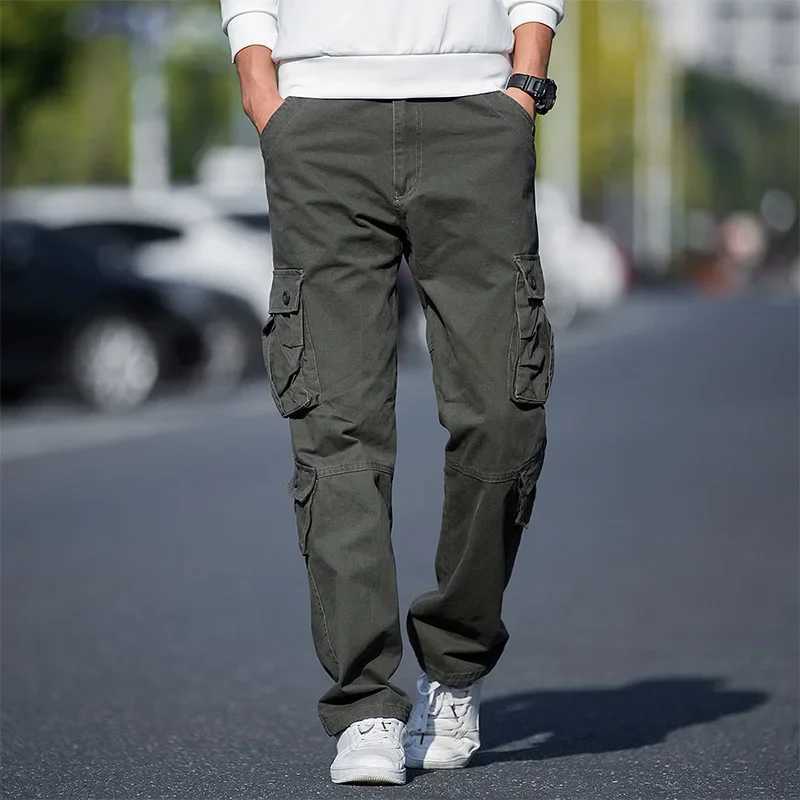 New Spring Mens Casual Pants Pure Cotton Plus Size Loose-Fit Cargo Pants Sports Straight-Leg Outdoor Multi-Pocket TrousersT250220
