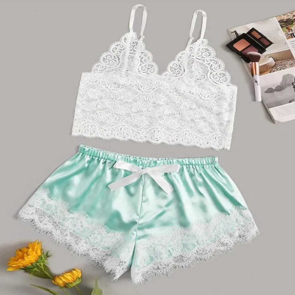 Sexy Lace Silk Spwear Two Piece Set of Suspender Shorts for Women Pajamas Set Lingerie Crop Tops Shorts NightwearXJ250220