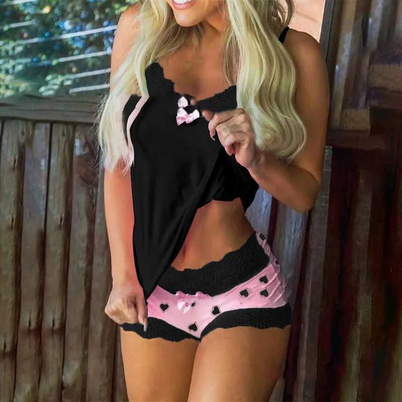 2 Pieces Set WomenS Pajama Shorts Suit Homewear Print Underwear Pijama Sexy Lingerie Camisoles Tanks Nighty Sling SpwearXJ250220